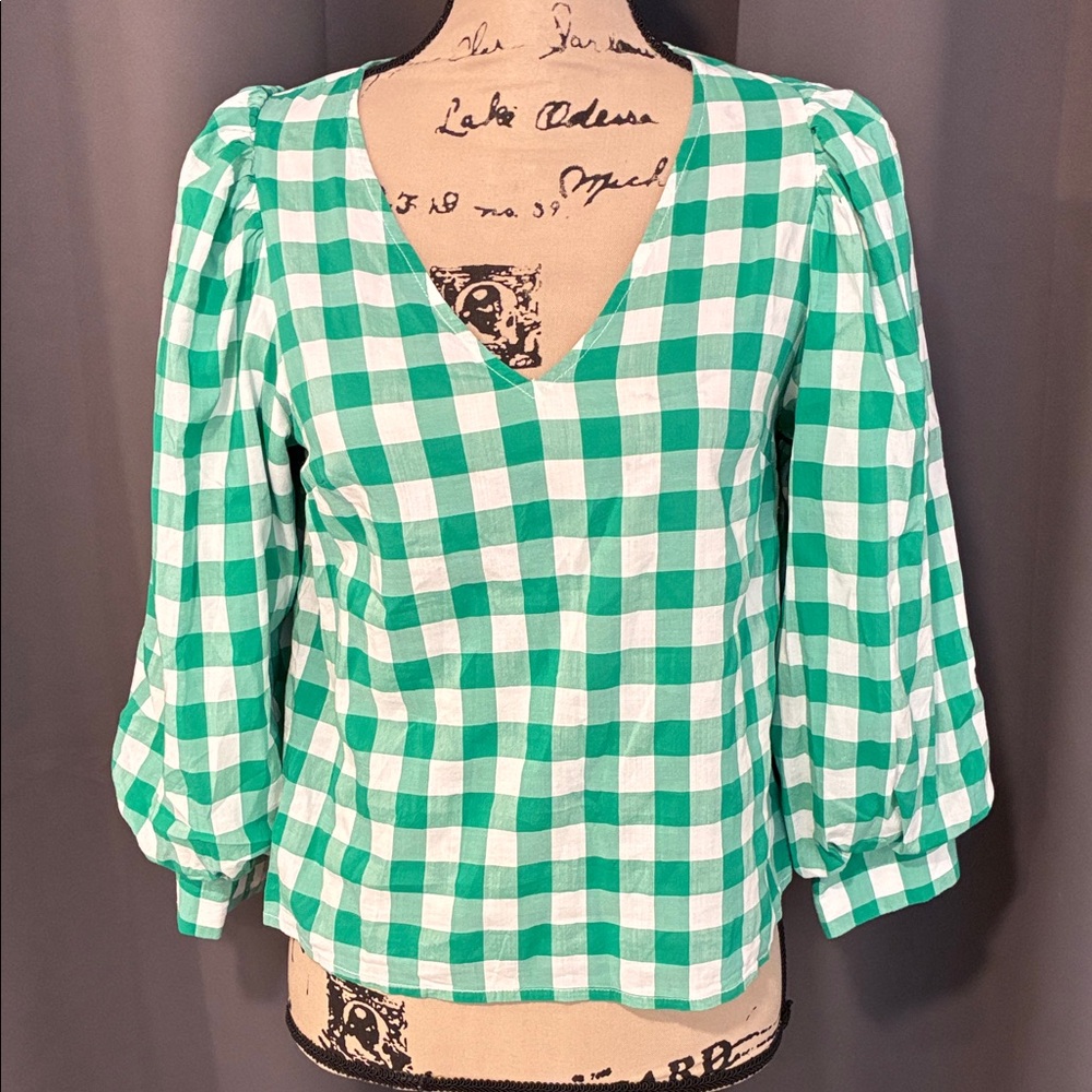 a new day Green and White Gingham V-Neck Puff Sleeve Blouse